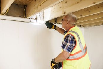 Worker in safety vest fastening a wall panel in an unfinished room under wooden beams