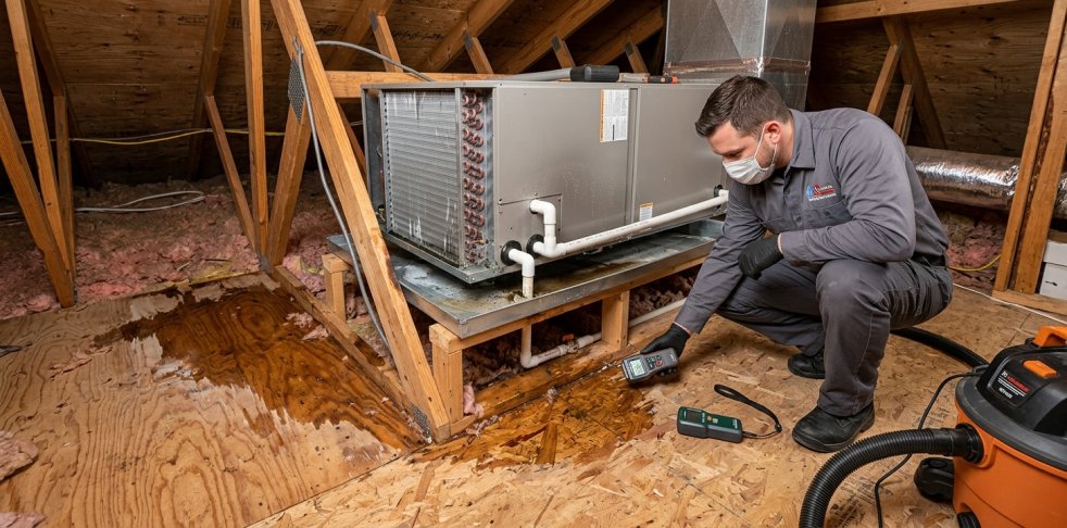 HVAC technician checking water leak near attic AC unit with moisture meter and wet floor damage