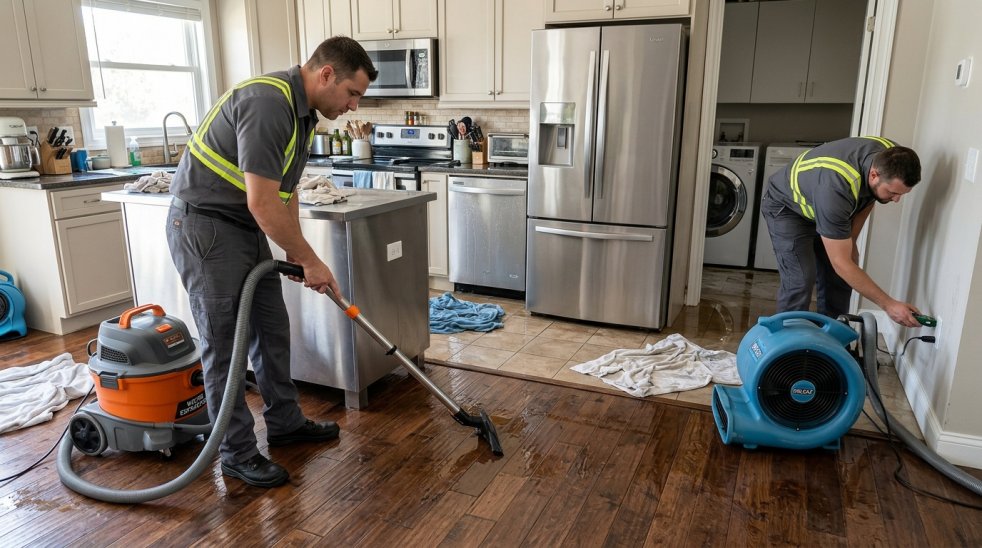 Technicians drying water-damaged kitchen floor after appliance leak with vacuum and air mover fans