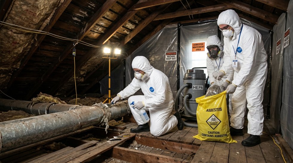 Workers in protective suits removing asbestos insulation from attic pipes with HEPA vacuum and disposal bag