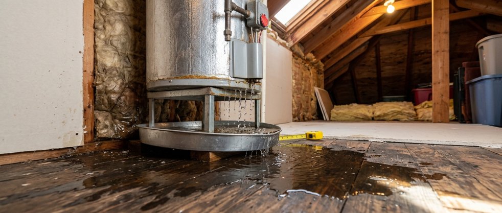 Leaking water heater in attic causing water damage on wood floor with puddles around drain pan